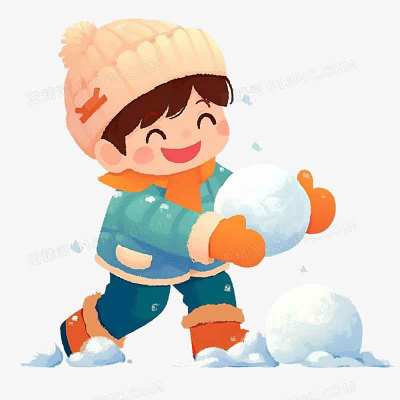 插画冬天小男孩出游堆雪人