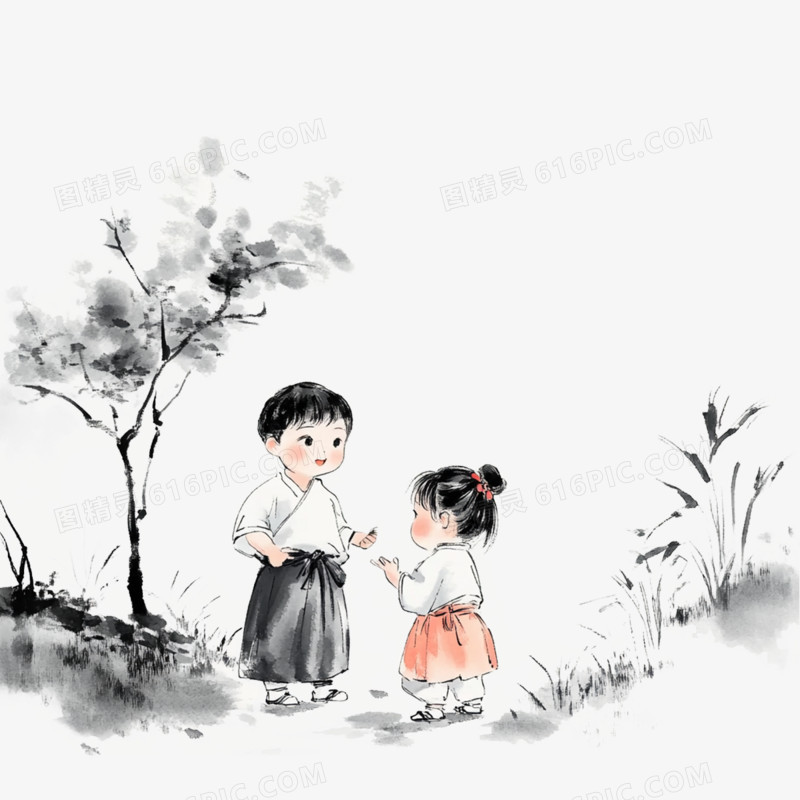 插画水墨人物小孩免抠元素