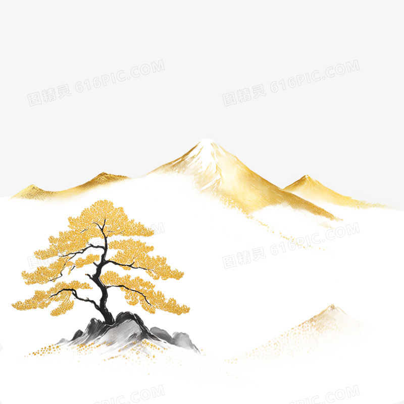 插画鎏金山水山川免抠元素