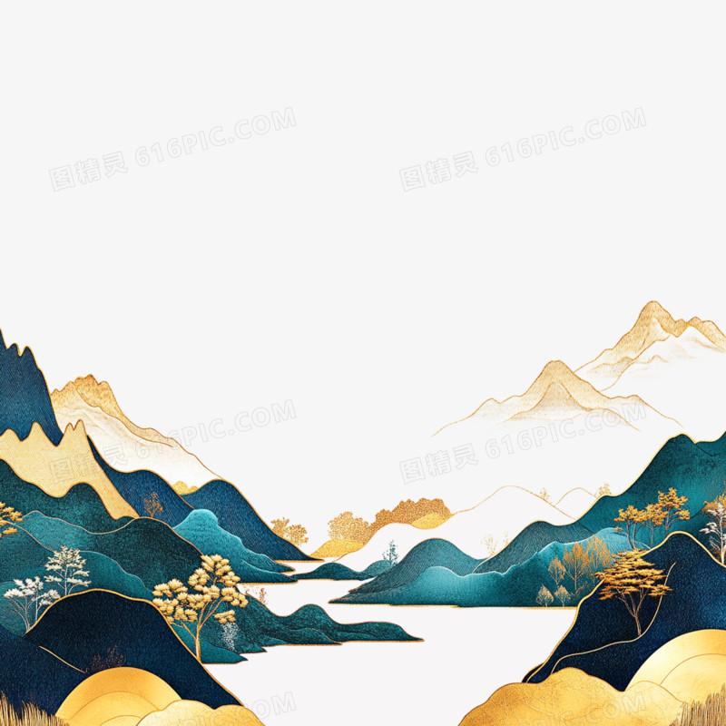插画鎏金山水山川免抠元素