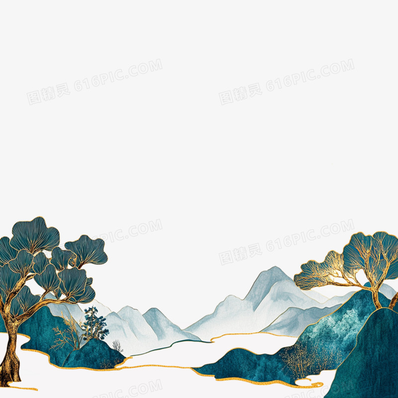 插画鎏金山水山川免抠元素