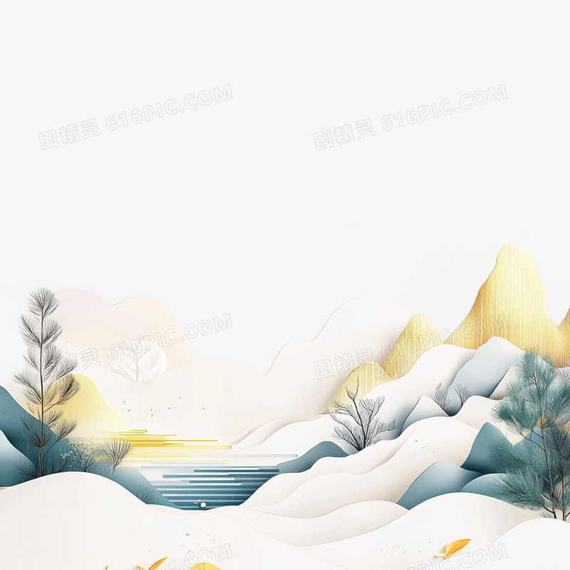 插画鎏金山水山川免抠元素