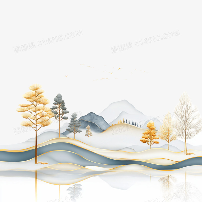 插画鎏金山水山川免抠元素