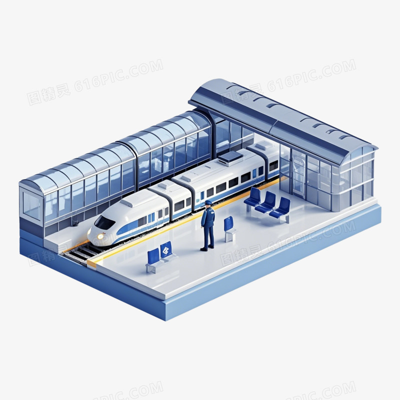 3D宝蓝色出行高铁车票任务商旅旅行元素结合免抠元素