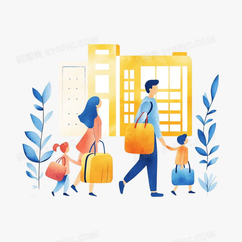 插画旅游出行团体游免抠元素