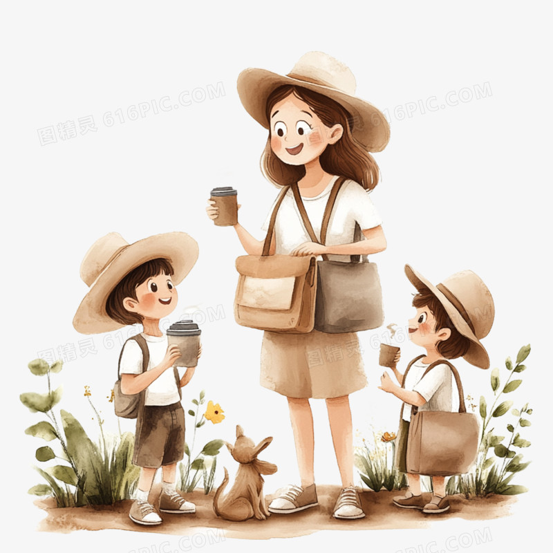 插画旅游出行团体游免抠元素