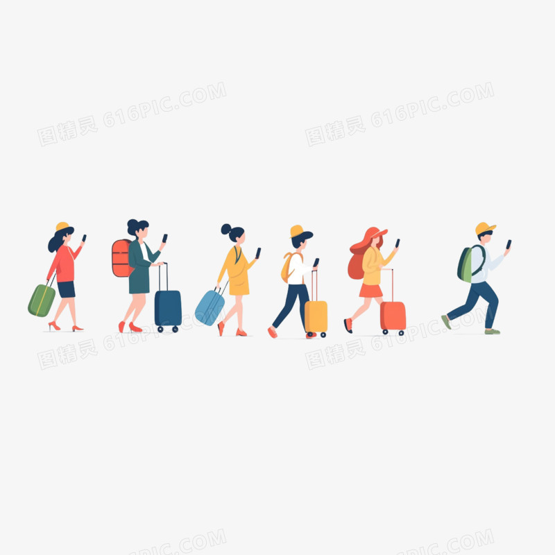 插画旅游出行团体游免抠元素