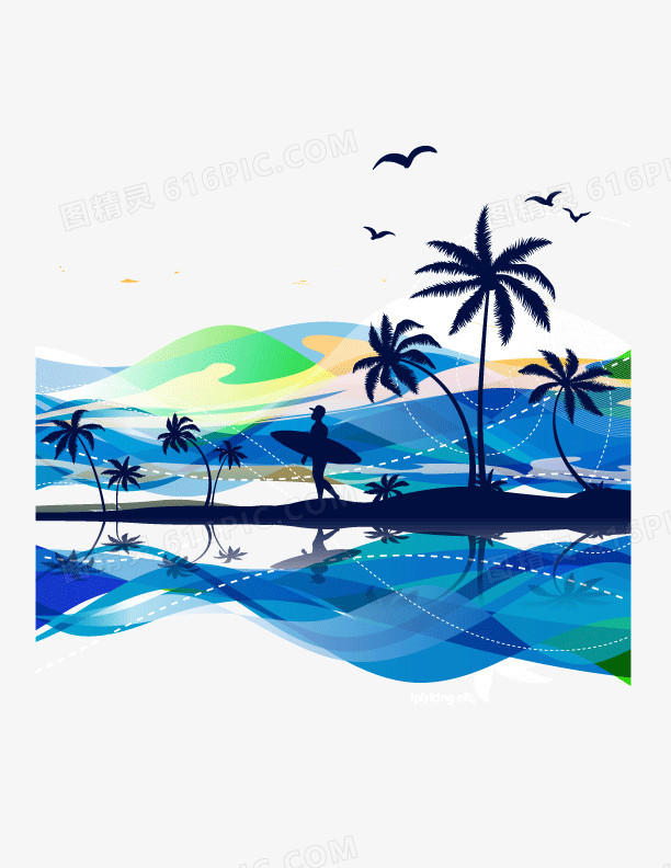 蓝色椰子树海洋背景装饰矢量图