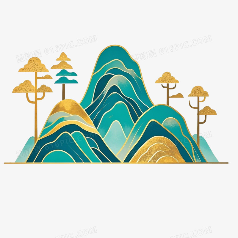 青山松树金箔鎏金风格扁平免抠元素