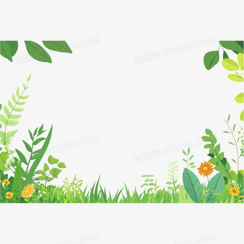 插画风格植物半包边框免抠元素