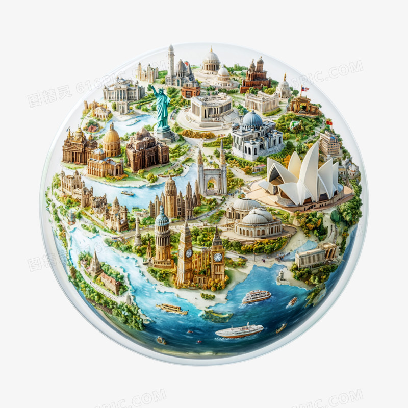 3D插画风格环球旅游免抠元素