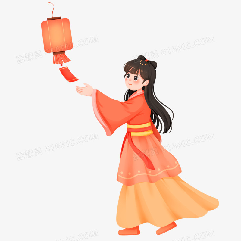 手绘插画古代女生放花灯免抠素材