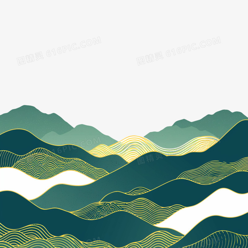 插画鎏金山水山川免抠元素