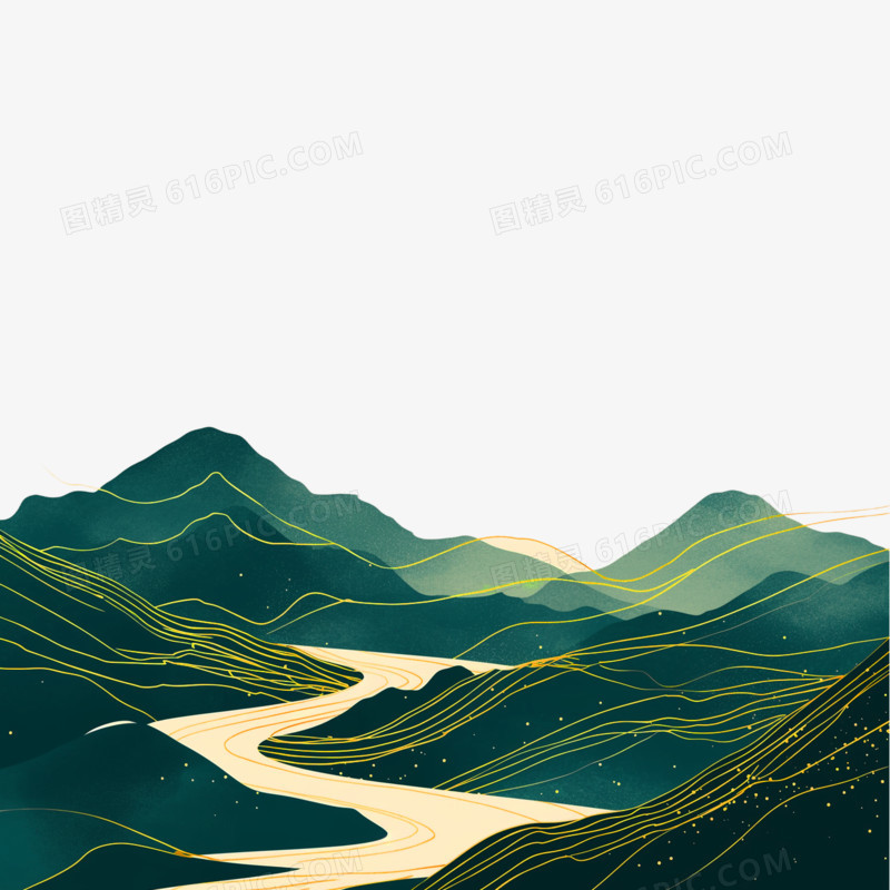 插画鎏金山水山川免抠元素