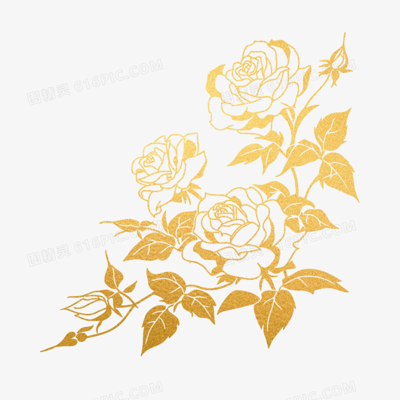 插画鎏金植物花朵免抠元素
