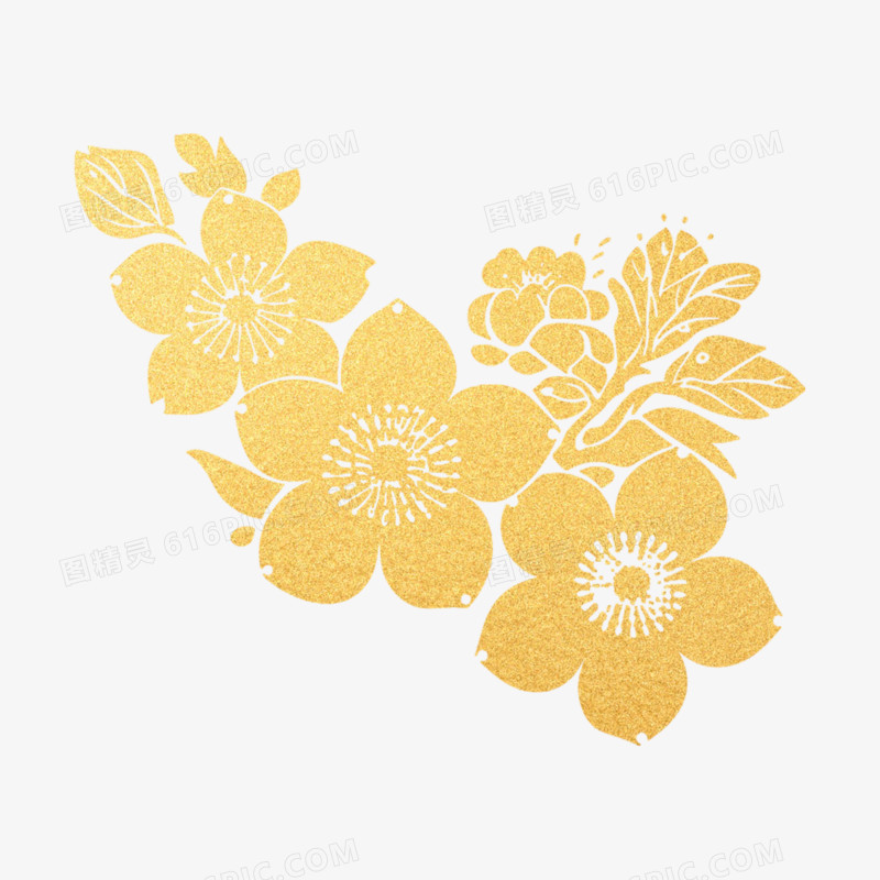 插画鎏金植物花朵免抠元素