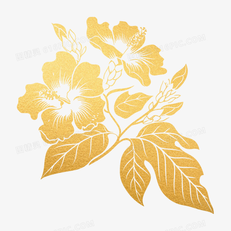 插画鎏金植物花朵免抠元素