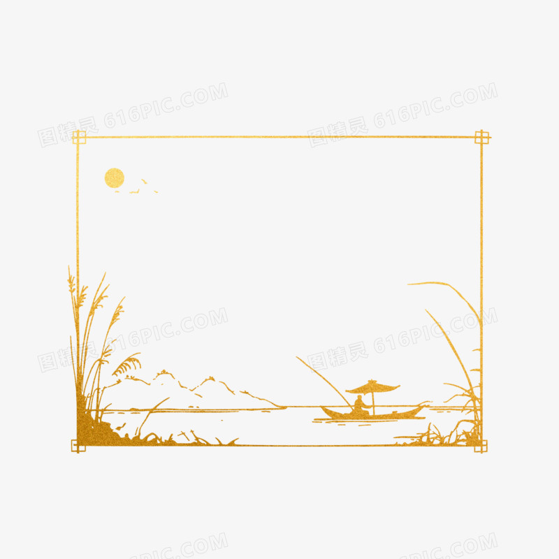 插画鎏金中式边框免抠元素