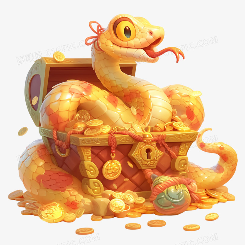 3D可爱小蛇和宝箱的创意元素