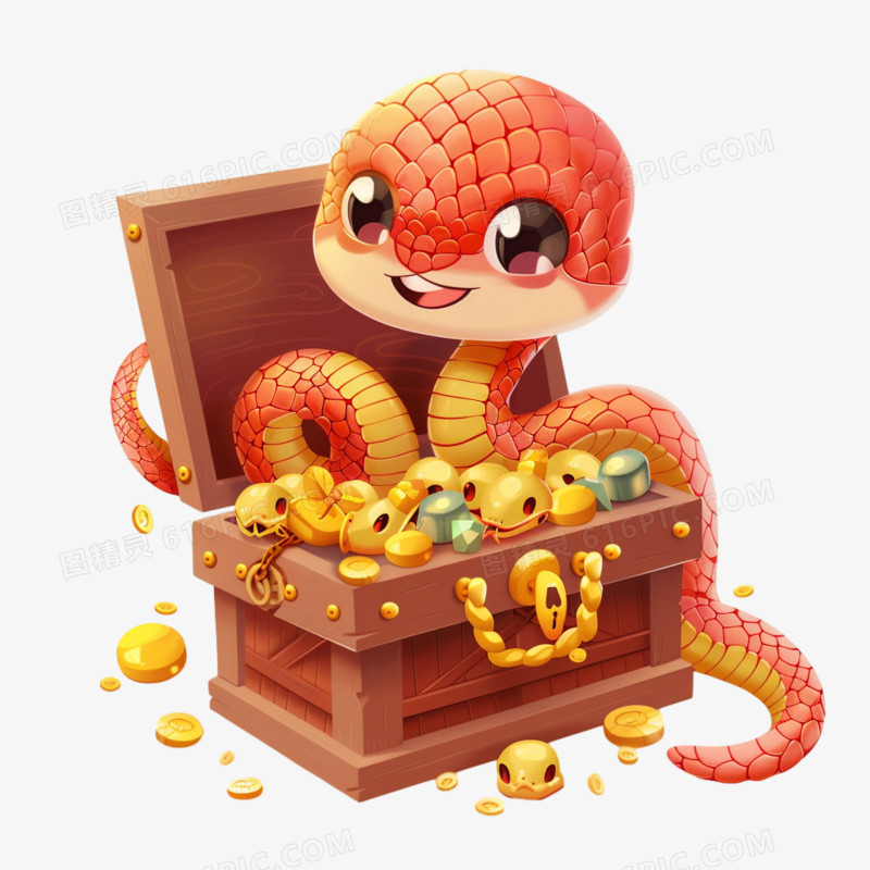 3D可爱小蛇和宝箱的创意元素