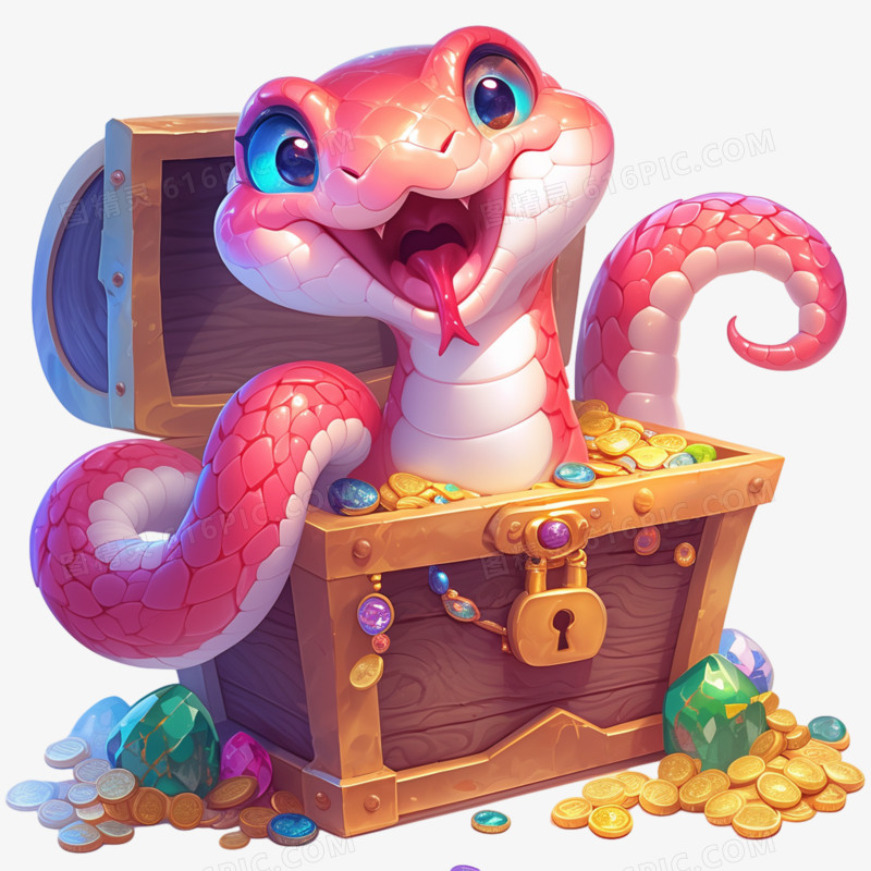 3D可爱小蛇和宝箱的创意元素