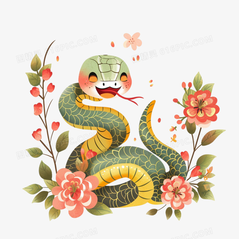 可爱小蛇和花朵的创意元素