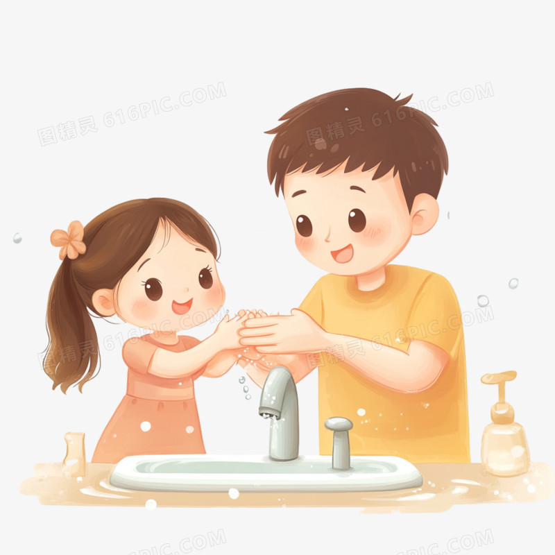 卡通风格父亲和孩子洗手的免抠元素