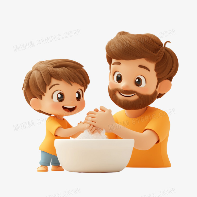 3D卡通风格父亲和孩子洗手的免抠元素