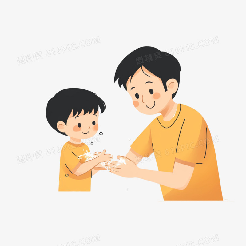 卡通风格父亲和孩子洗手的免抠元素