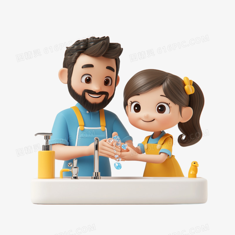3D卡通风格父亲和孩子洗手的免抠元素