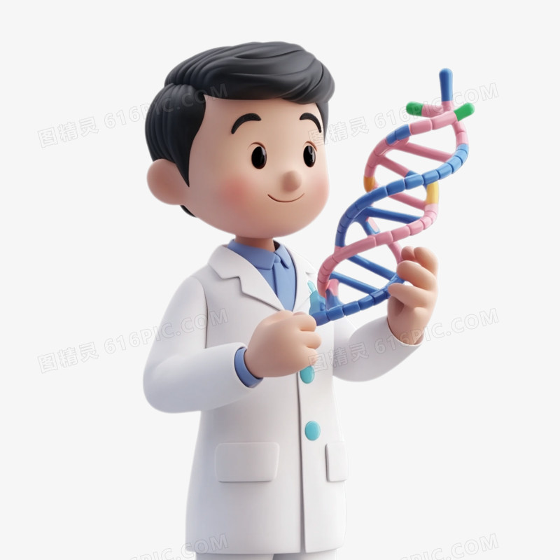 3D插画穿白大褂的医生拿着DNA双螺旋结构模型免抠元素