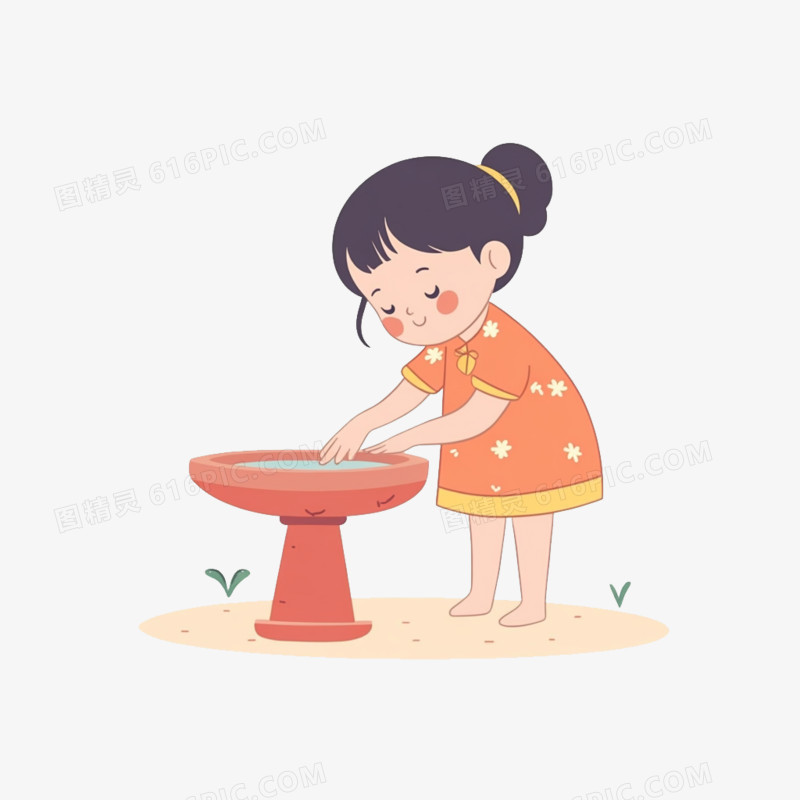 插画小女孩洗手免抠元素