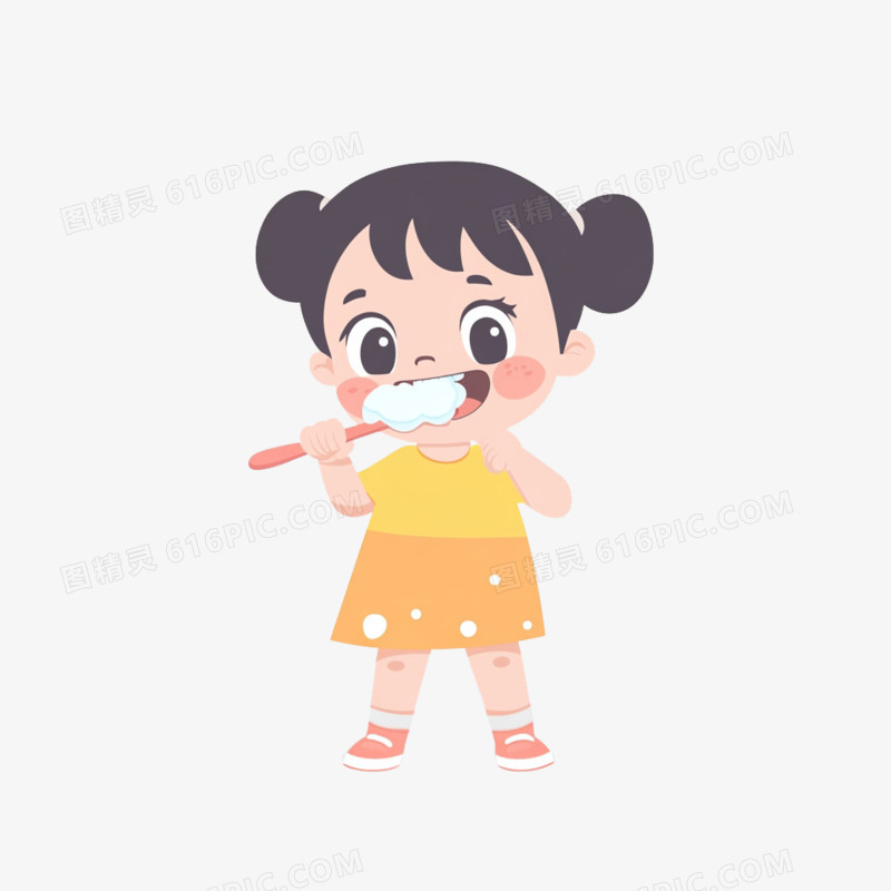 插画小女孩刷牙免抠元素