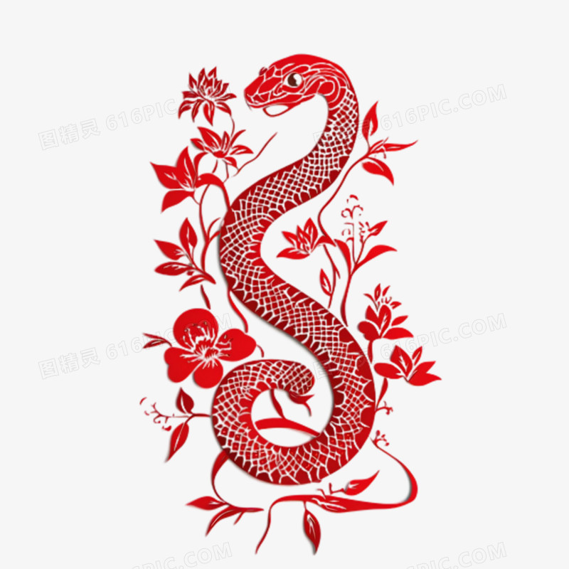 剪纸风格蛇免抠元素