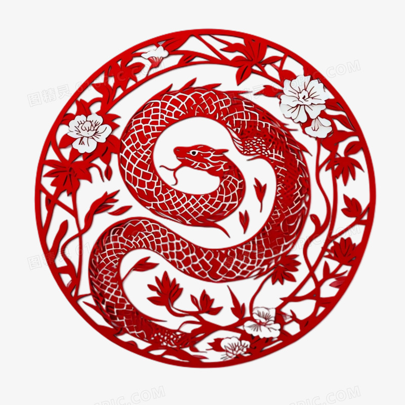 剪纸风格蛇免抠元素