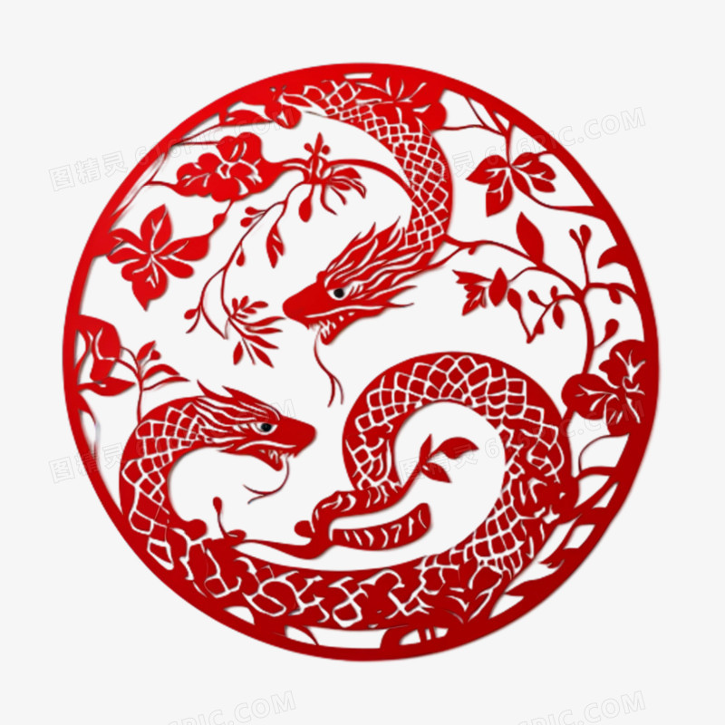 剪纸风格蛇免抠元素