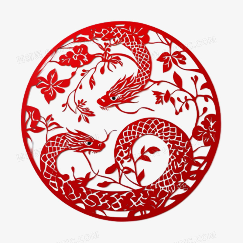 剪纸风格蛇免抠元素