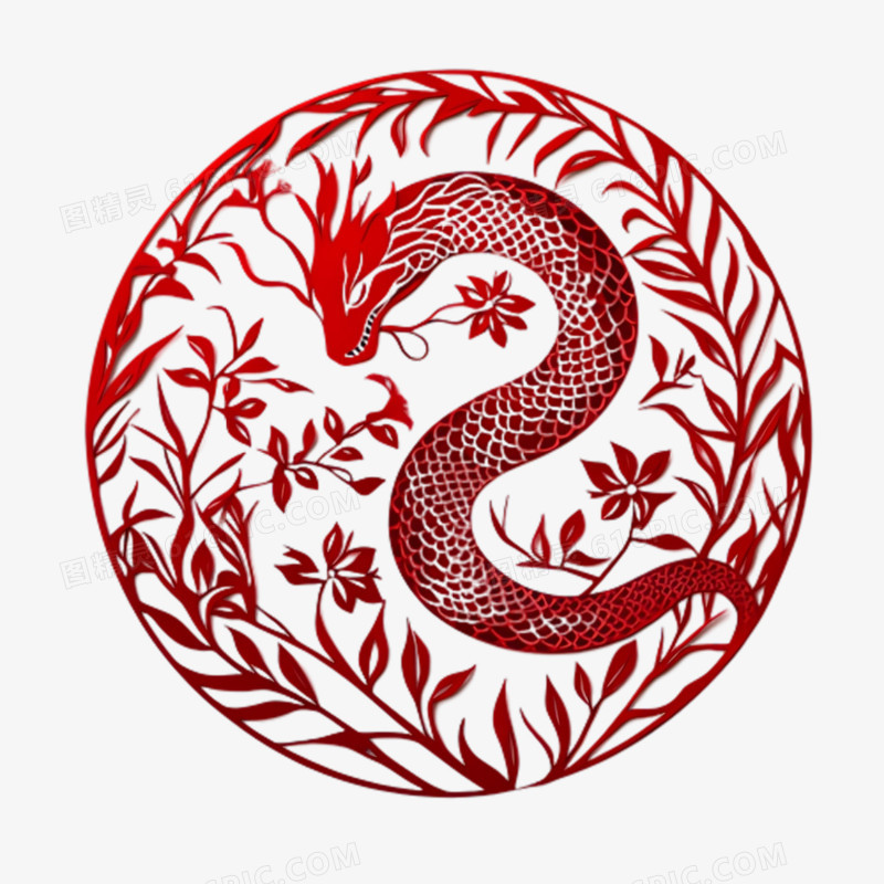 剪纸风格蛇免抠元素