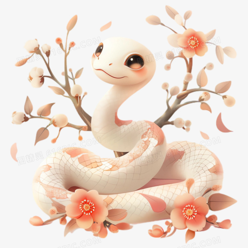 3D立体手绘花朵蛇免抠素材
