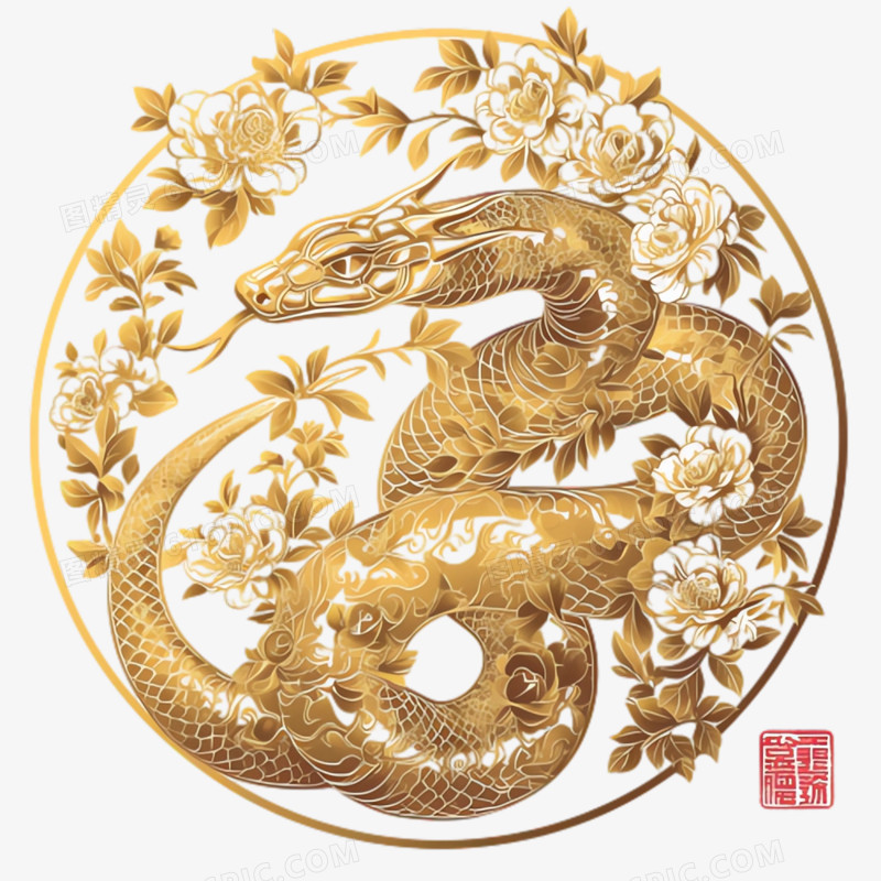 插画风花朵金蛇免抠元素