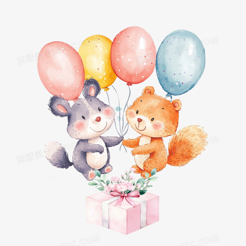插画风格生日小动物免抠元素