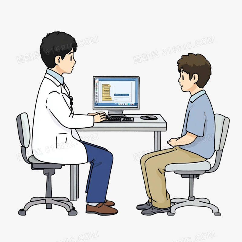 插画医生坐在桌子前给一个男孩看病看病免抠元素