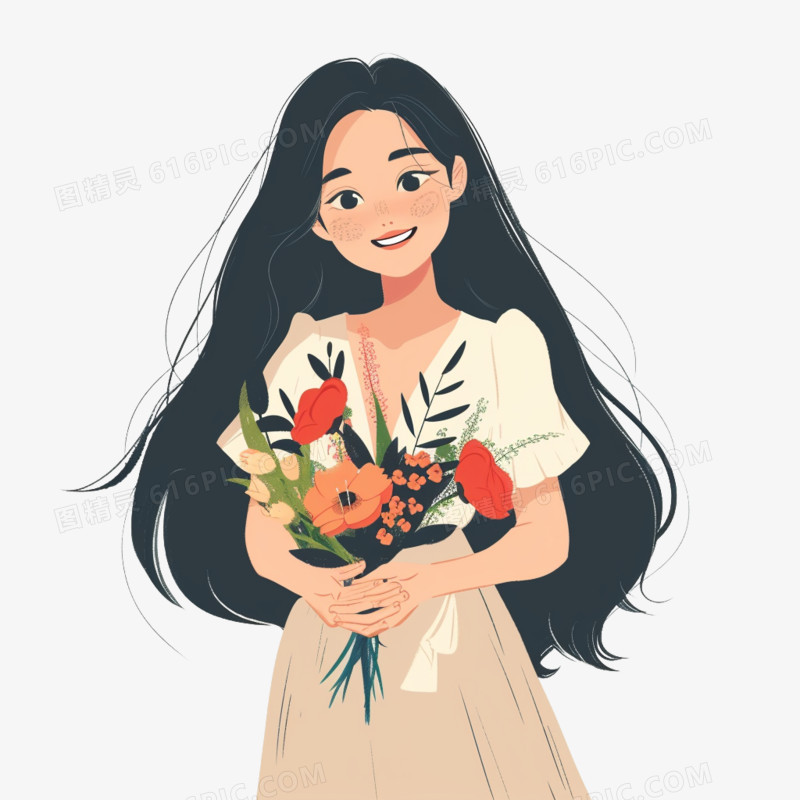 插画风女孩手捧鲜花免抠素材