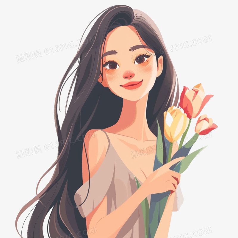 插画风女孩手捧鲜花免抠素材