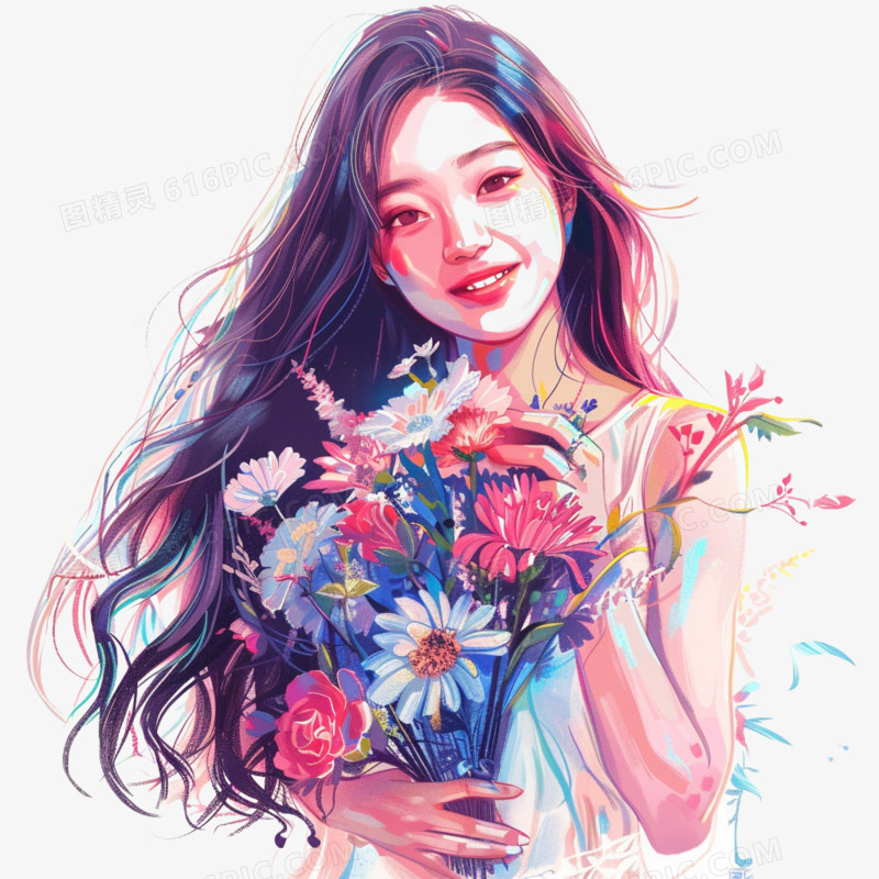 插画风女孩手捧鲜花免抠素材