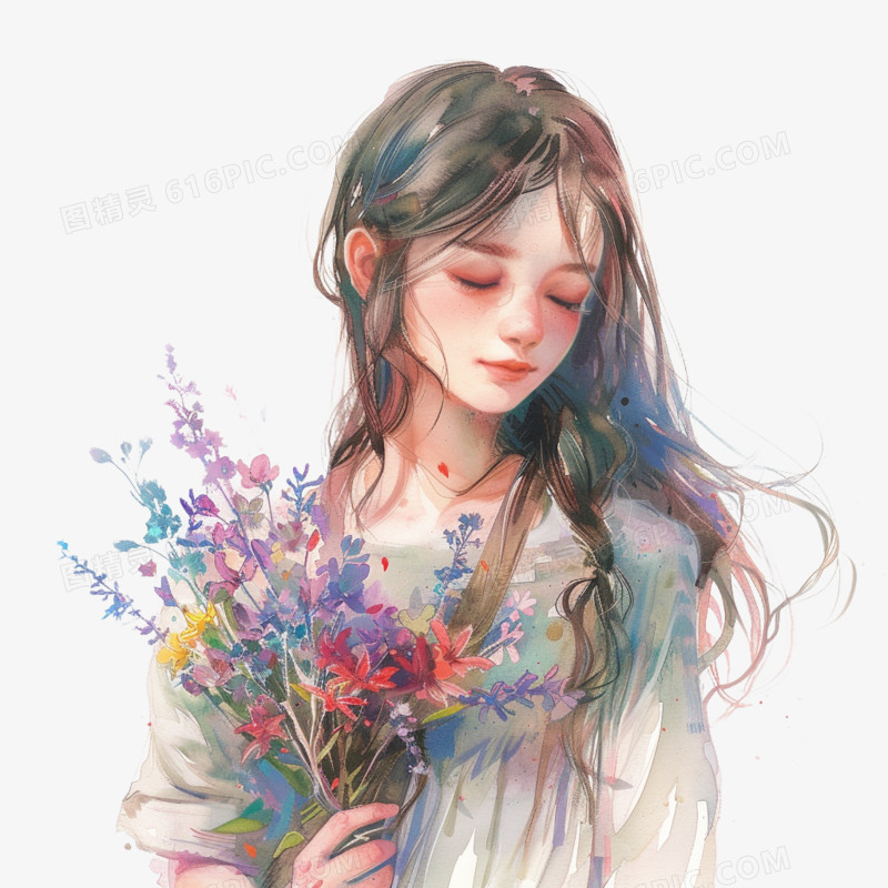 插画风女孩手捧鲜花免抠素材