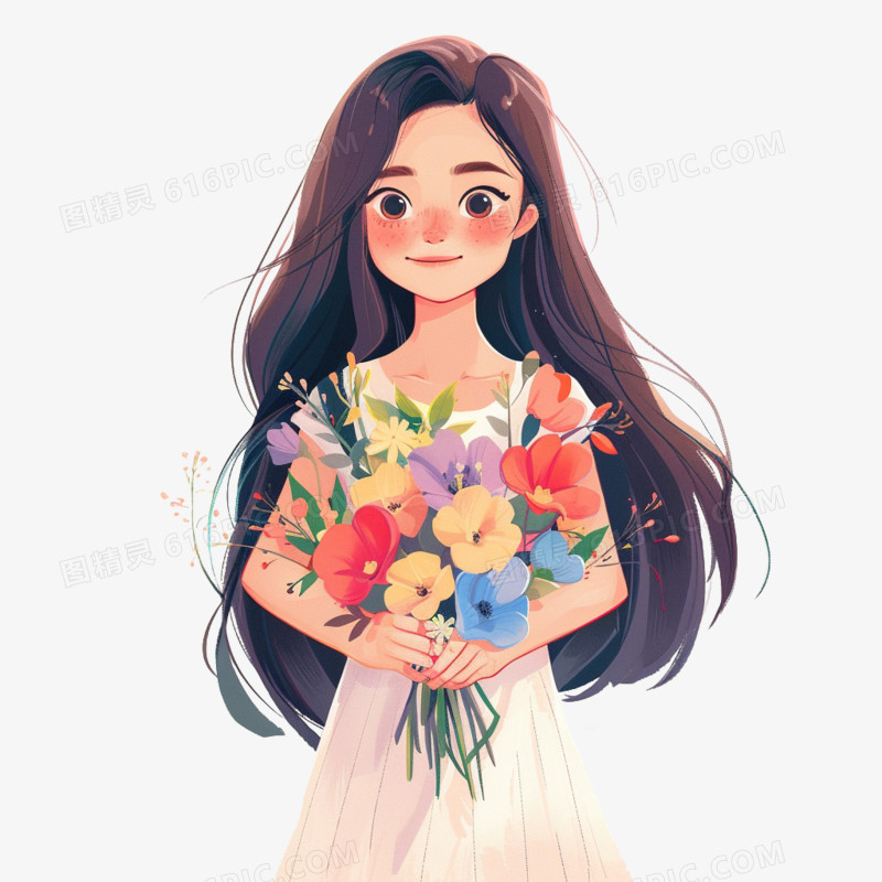 插画风女孩手捧鲜花免抠素材