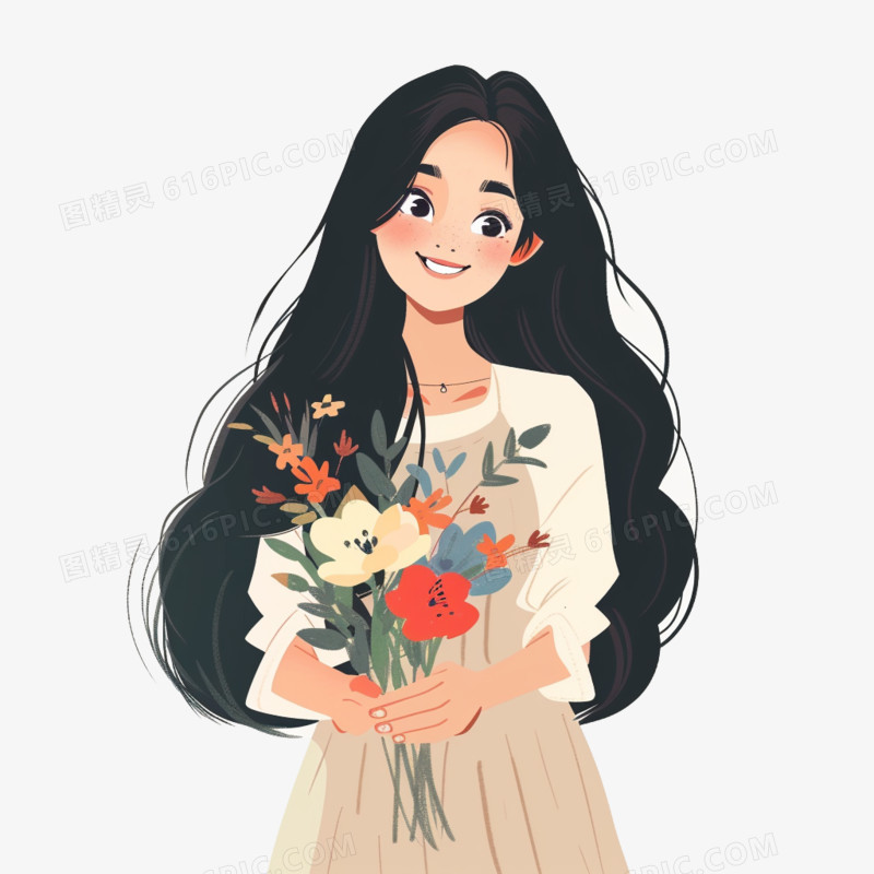 插画风女孩手捧鲜花免抠素材