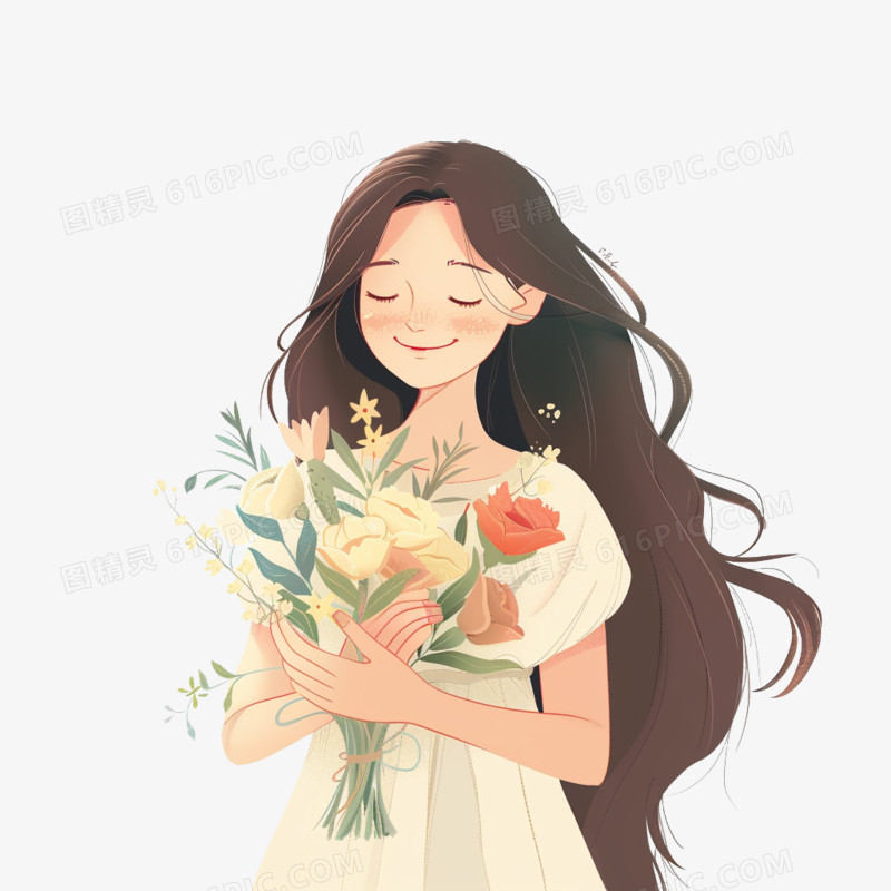 插画风女孩手捧鲜花免抠素材