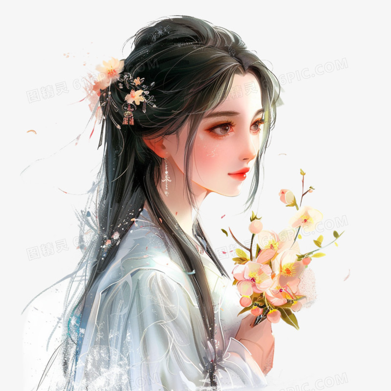 插画风女孩手捧鲜花免抠素材